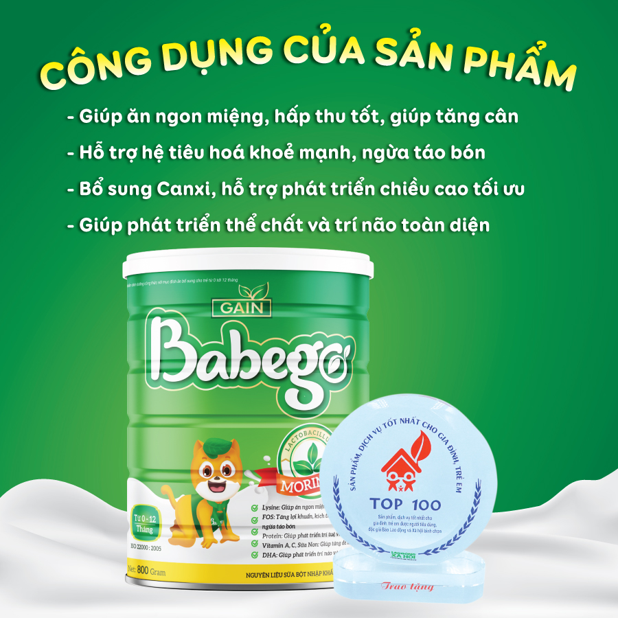 Sữa mát tăng cân, cải thiện biếng ăn và táo bón Babego từ 0 - 12 tháng, 800G