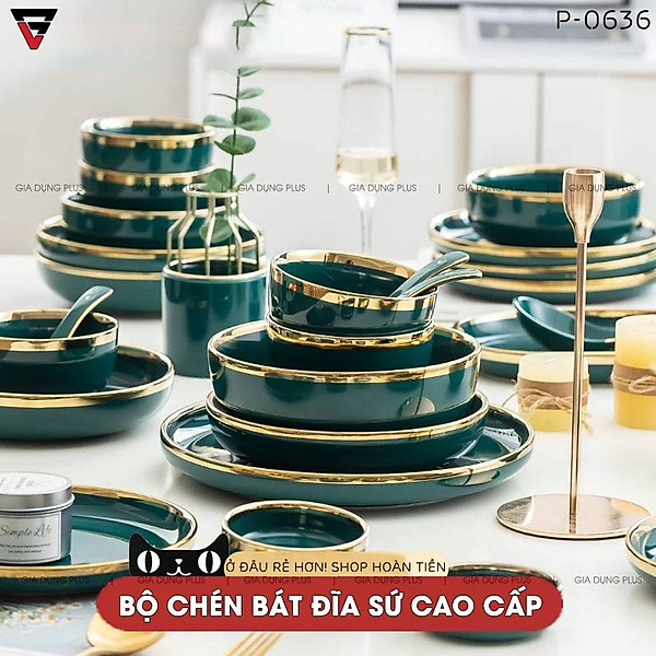 Bộ Chén Bát Đĩa Xanh Ngọc Lục Bảo Viền Vàng Phong Cách Bắc Âu Sang Trọng