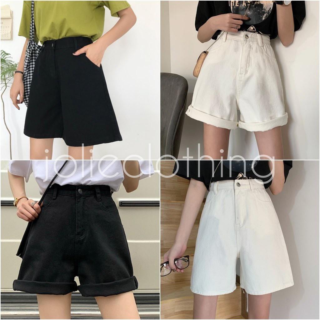 Quần Short Kaki Lửng Ulzzang Quần đùi denim ngố Ống rộng cạp cao trắng đen kem Dáng Hàn Quốc