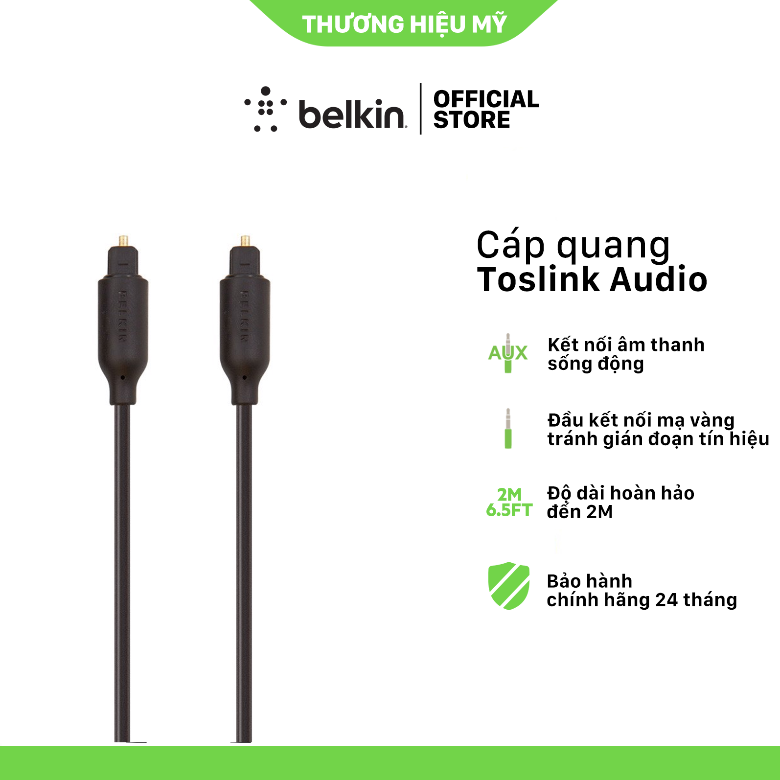 Cáp quang Digital Toslink Audio Belkin đầu mạ vàng, 2 mét - Hàng Chính Hãng - 3Y093bt2M