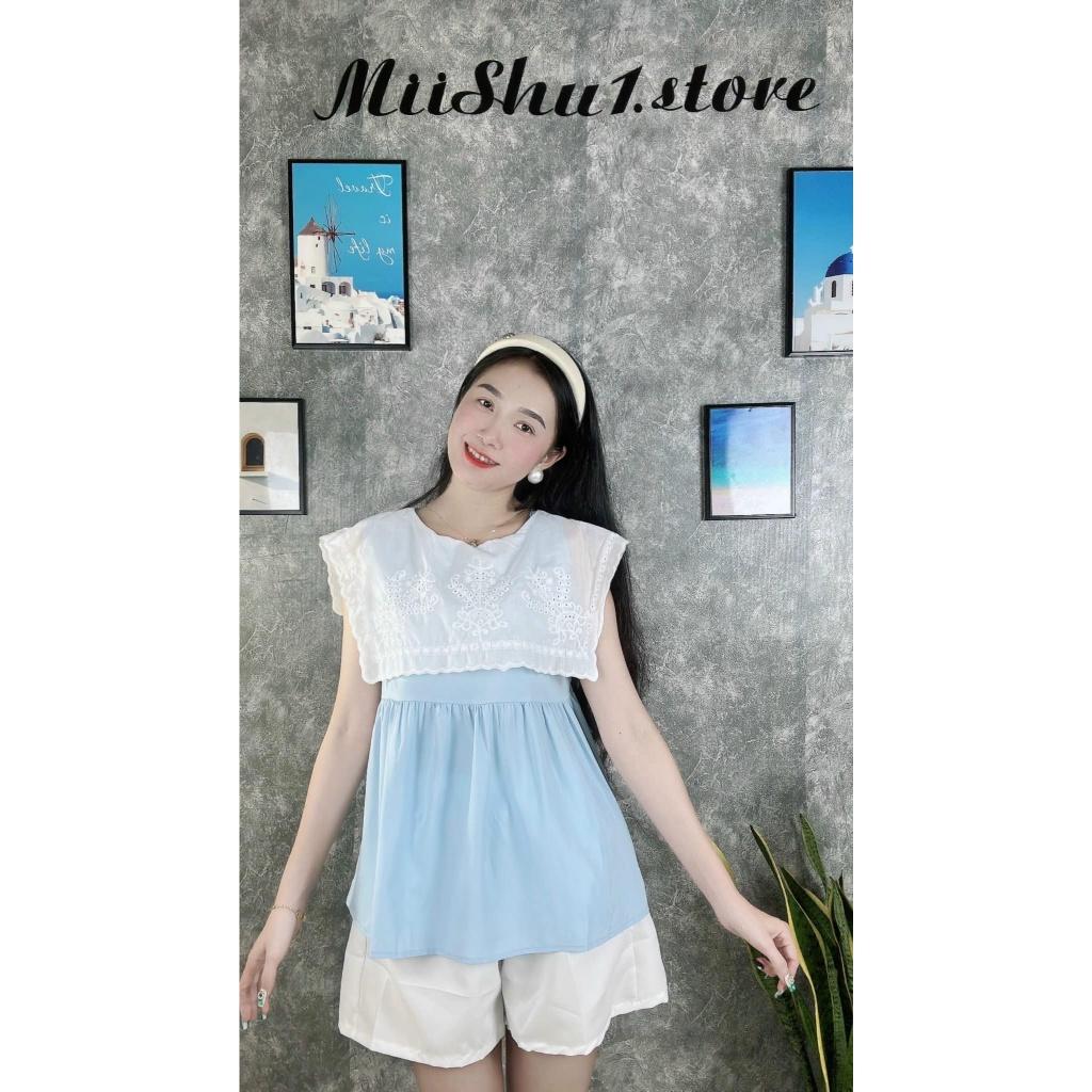 Set Bộ Đồ Nữ Áo Sát Nách Cổ Ren Nổi Mix Quần Sooc Đùi Ống Rộng Freesize