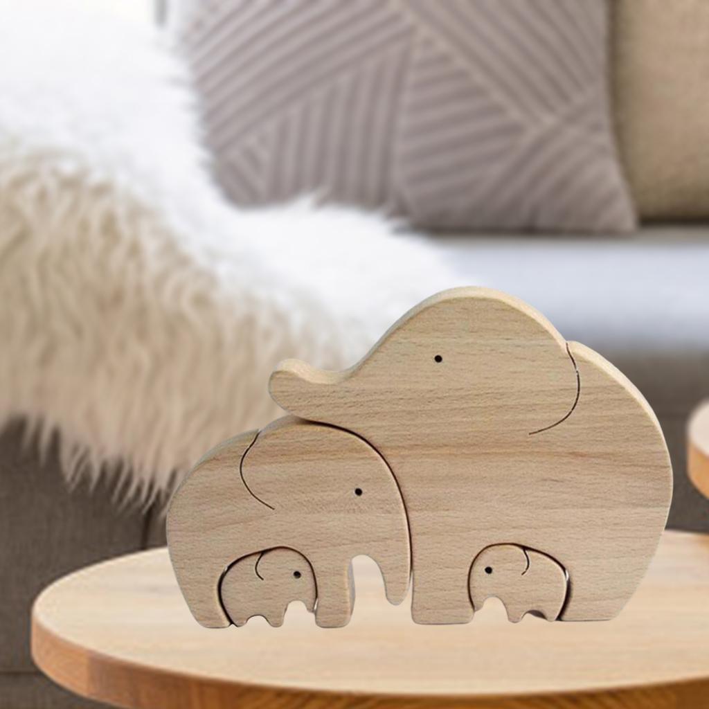 2 Set Elephant Family Statue Cute Wood Sculpture Indoor Decor Figurines