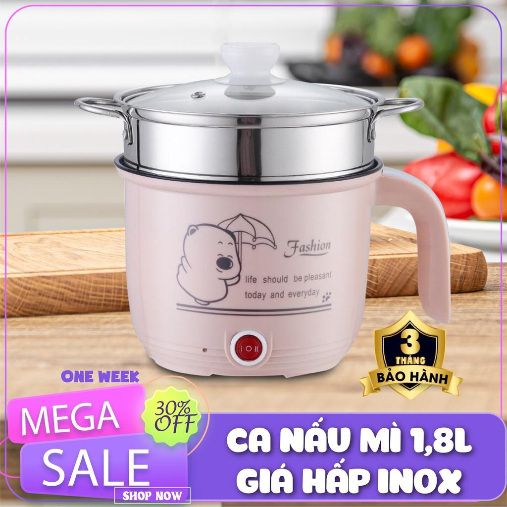 Ca Nấu Mì mini, Nấu Cơm Đa Năng Có Tay Cầm 1,8L - Nồi Lẩu Điện Mini Kèm Giá Hấp INOX + 1 Khay Luộc Trứng