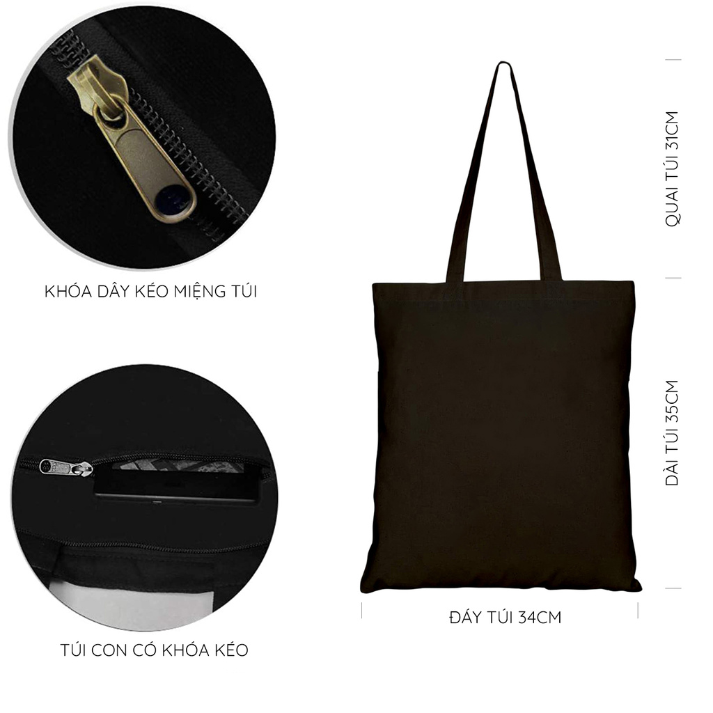 Túi Tote Vải Canvas Ginko kiểu basic có dây kéo khóa miệng túi đựng vừa laptop 14 inch và nhiều đồ dùng khác Phong Cách ulzzang Hàn Quốc In Hình Minimalist B14