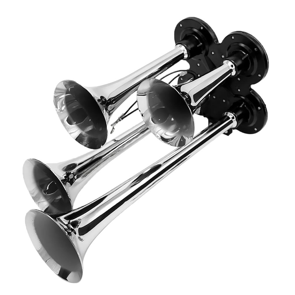 Universal Car Automobile SUV Van 4-Trumpet Train Air Horn 12V/24V 150db for Air Compressor