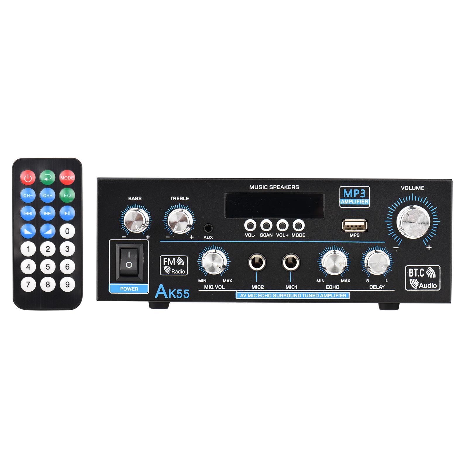AK-55 Audio Power Amplifier Home Car Karaoke Amplifier Digital Audio PA Receiver 2 Microphone Input with Remote Control