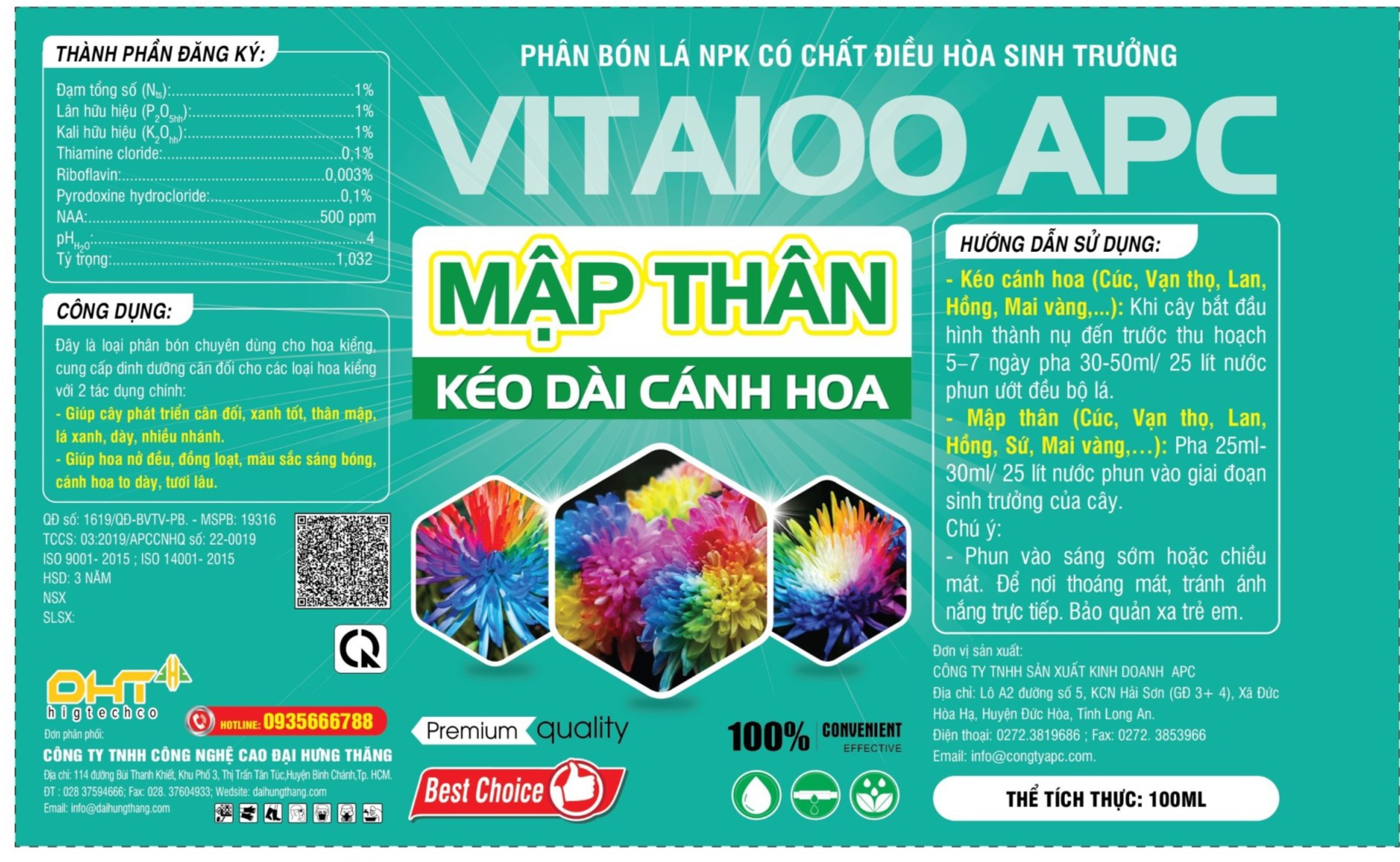 Phân bón điều hòa sinh trường VITA 100 APC mập thân kéo dài cánh hoa lọ 100ml