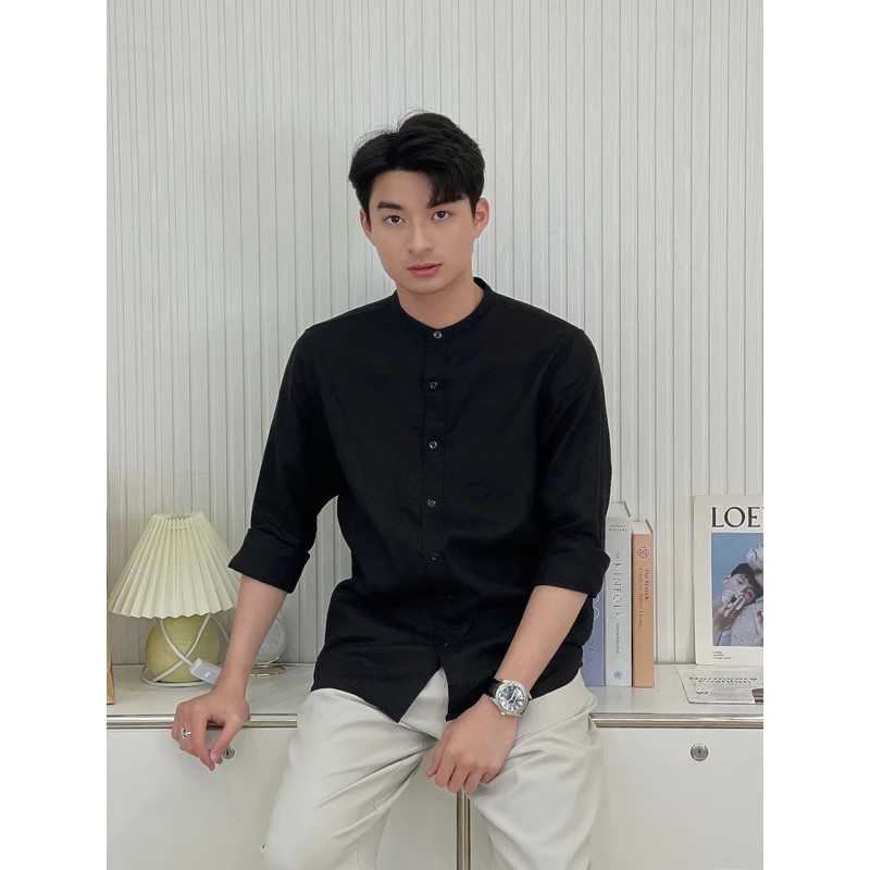 Áo sơ mi nam cổ tàu vải Linen dài tay form rộng style Hàn trẻ trung, năng động