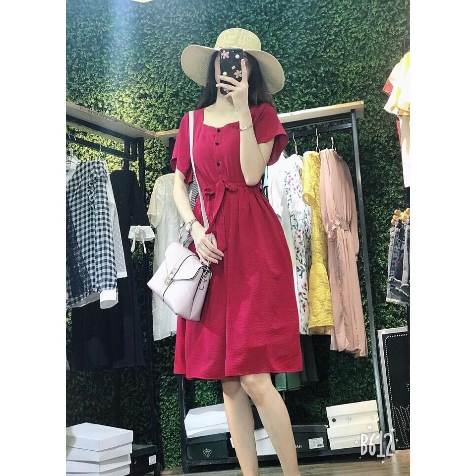 Đầm xòe cộc tay khuy trước đũi lụa nhật thời trang
