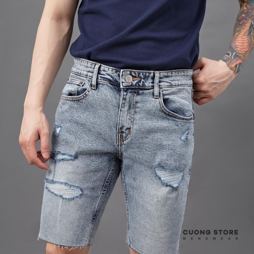 Quần short jean nam xanh rách MRC S252 chất cotton cao cấp, form ôm vừa vặn, tôn dáng, trẻ trung - CUONG STORE