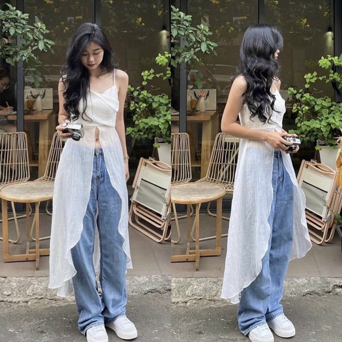 ÁO CROPTOP TÀ DÀI MIDI SUÔNG TRƠN 2 DÂY XẺ TÀ ĐI BIỂN ĐI TIỆC DẠO PHỐ