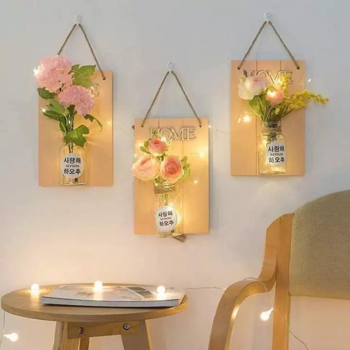 Lọ thủy tinh trồng cây thủy canh hoặc cắm hoa khô kèm bảng gỗ xinh xắn trang trí đẹp mắt