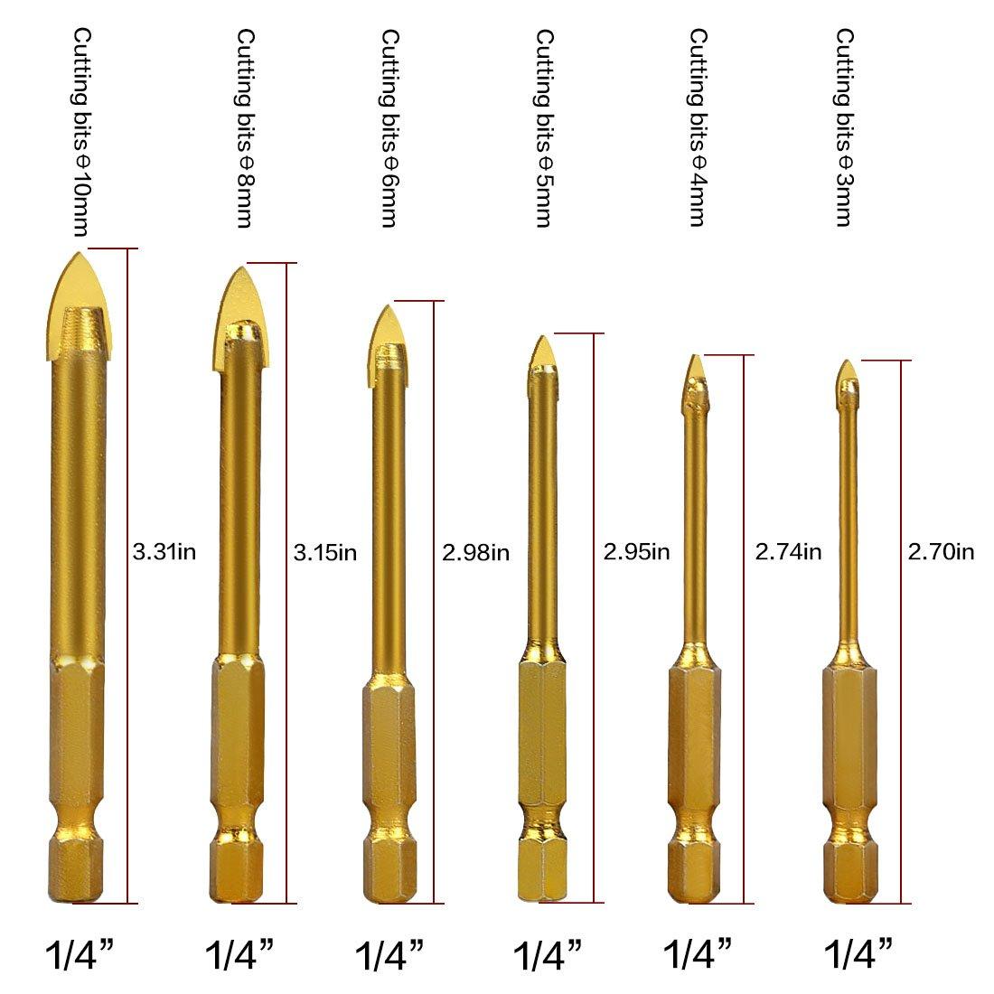 Gốm Kính Ngói Mũi Khoan Phủ Titan Thép Vonfram Lục Giác Mũi Khoan Bộ 6 Cái 3Mm 4Mm 5Mm 6Mm 8Mm 10Mm