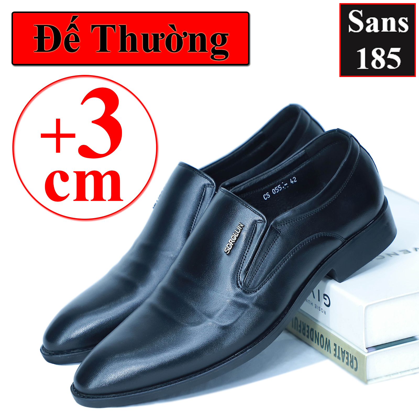 Giày nam da bò thật tăng chiều cao 7cm Sans185 giầy tây lười công sở độn đế cao cấp đen đẹp hàn quốc chú rể mặc vest