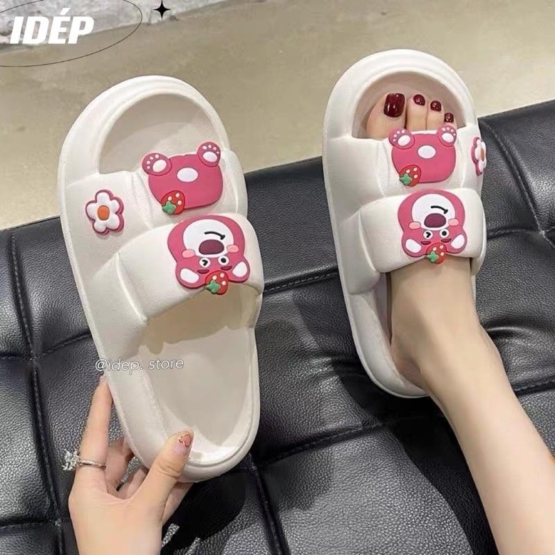 Dép Bánh mì hình vuông gắn sticker GẤU HỒNG cao 3cm nữ quai ngang chất EVA siêu nhẹ iDÉP DL259