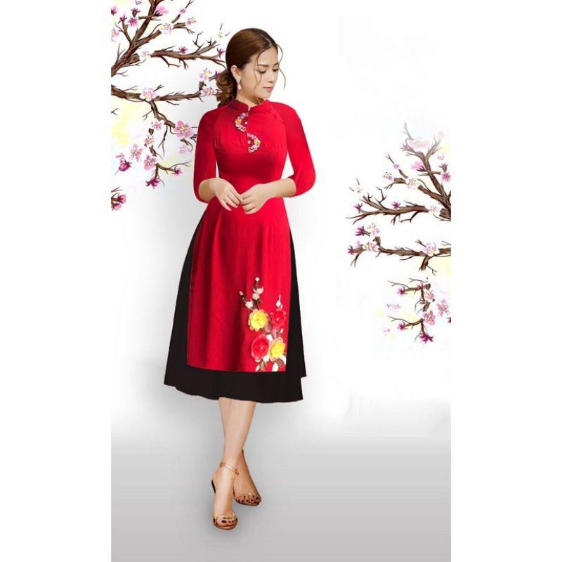 SET ÁO DÀI CÁCH TÂN ĐỎ KẾT HOA VẢI