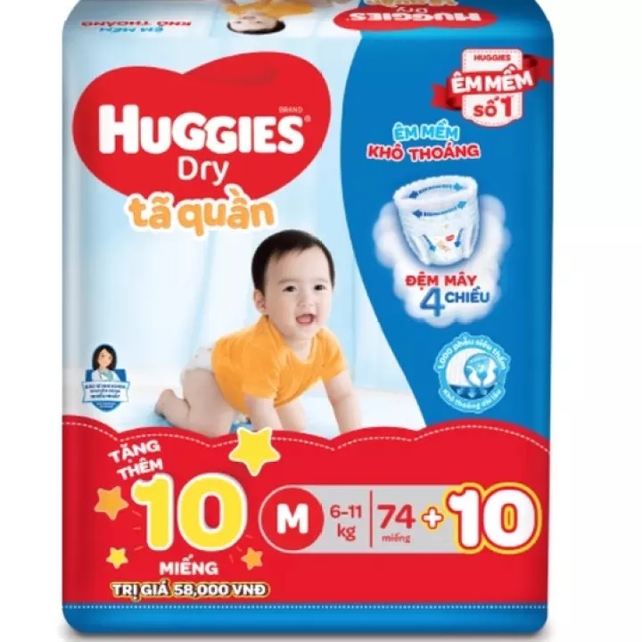 Tã Quần Huggies Dry Gói Cực Đại M74 - Tặng 10 Miếng