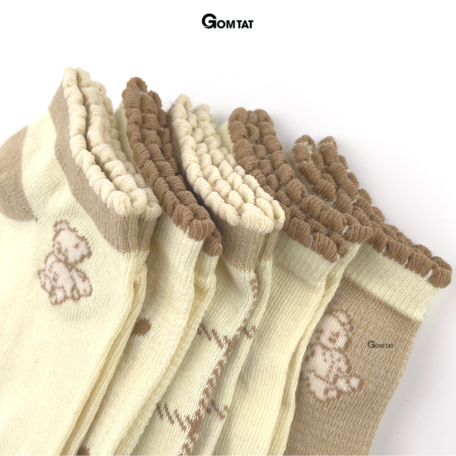 Set 5 đôi vớ nữ cổ ngắn GOMTAT họa tiết màu nâu dễ thương, chất liệu mềm mỏng thoáng mát, êm chân - CB086