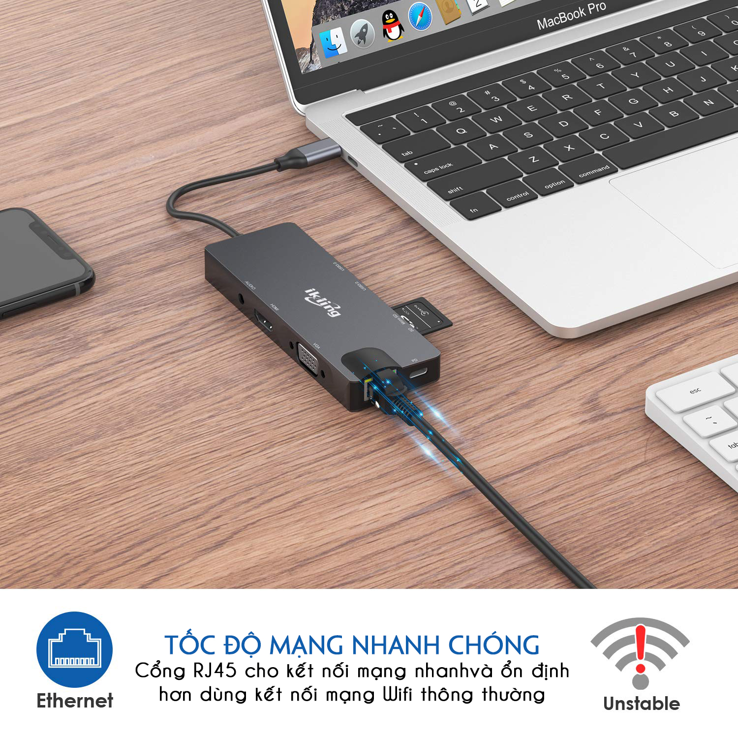 Hình ảnh Cổng Chuyển HyperDrive Hub USB Type C 9 Cổng Ikling Ethernet SD Mircro SD VGA UHD HDMI Audio USB3.0 Cho Macbook SamSung - Hàng chính hãng