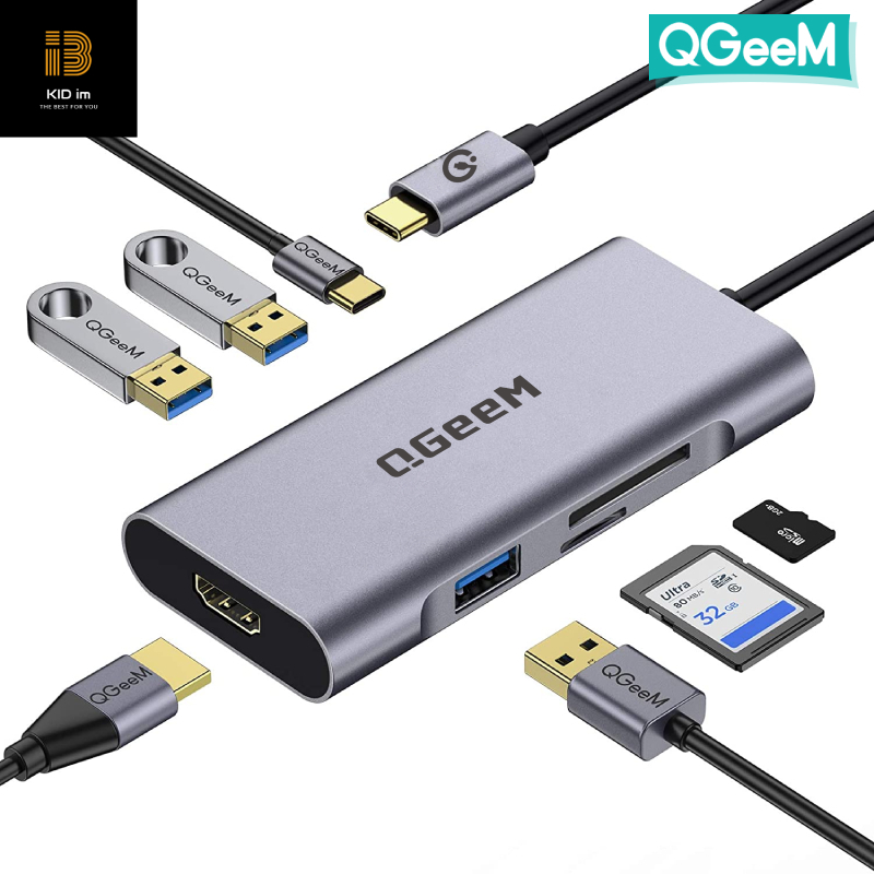 Bộ Hub USB C QGeeM 7 trong 1 4K Type C sang HDMI, 3 x USB 3.0, 1 x USB-C sạc nhanh PD 100w, 1 khe đọc thẻ SD&amp;TF tương thích với MacBook Pro 13/15 (Thunderbolt 3), 2018 Mac Air, Chromebook Type C Adapter - Hàng Chính Hãng