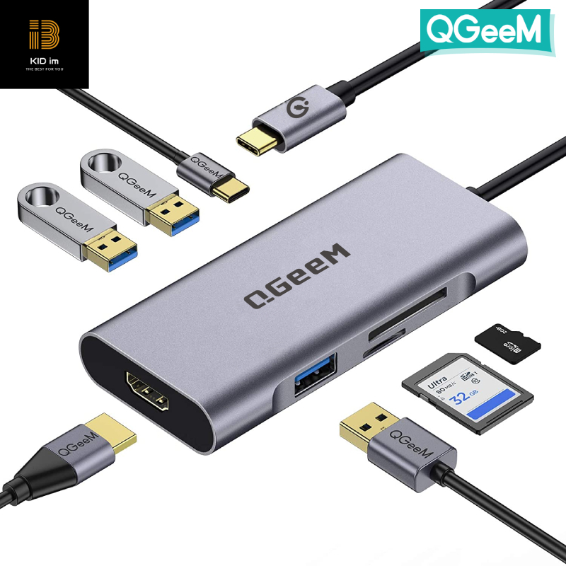 Bộ Hub USB C QGeeM 7 trong 1 4K Type C sang HDMI, 3 x USB 3.0, 1 x USB-C sạc nhanh PD 100w, 1 khe đọc thẻ SD&TF tương thích với MacBook Pro 13/15 (Thunderbolt 3), 2018 Mac Air, Chromebook Type C Adapter - Hàng Chính Hãng