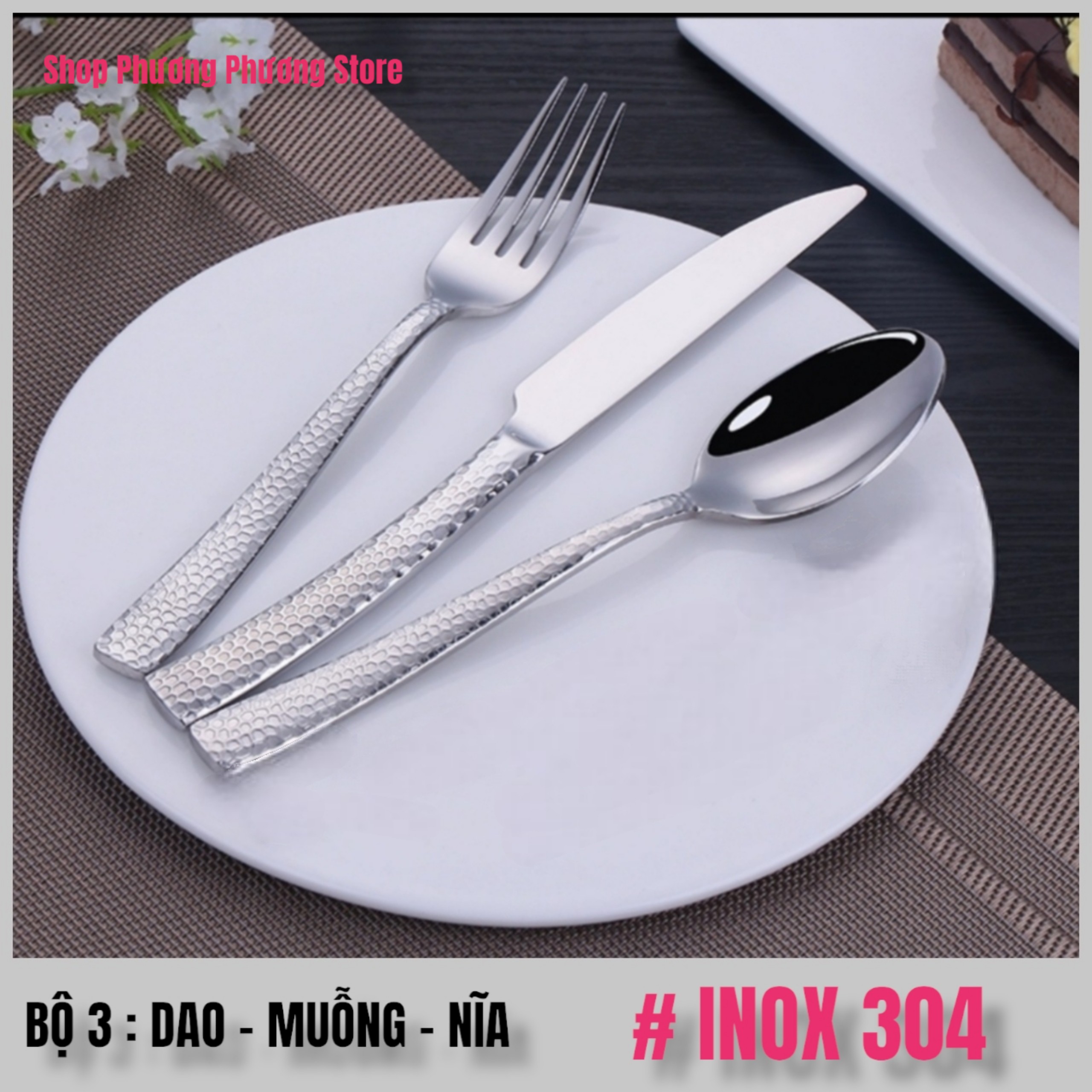 sét dao muỗng nĩa inox #304 cao cấp xịn sò - cán vân vây rồng ( phủ crom bạc )