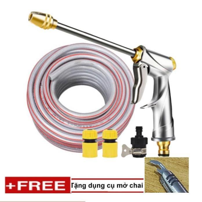 Bộ dây vòi xịt nước rửa xe, tưới cây . tăng áp 3 lần, loại 20m 206701-2 đầu đồng,cút,nối đen + tặng mở chai