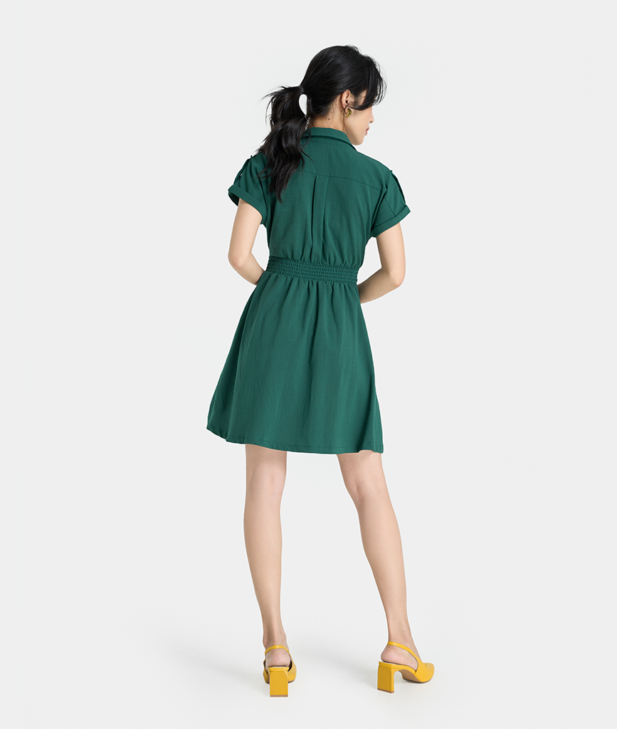Đầm Ngẵn Nữ Thời Trang HNOSS Cổ Sơmi Tay Ngắn Xoắn Eo HNDLU056