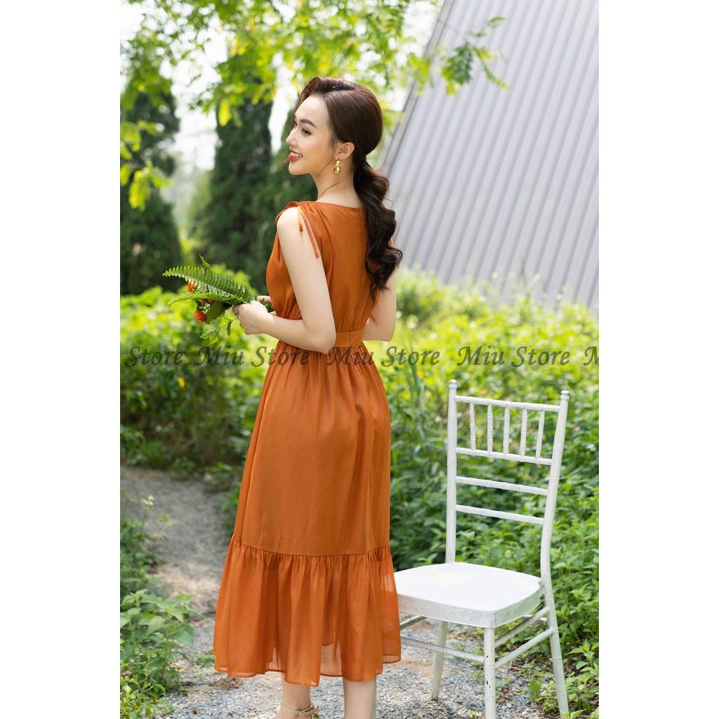 D00357 - Đầm thiết kế maxi cam vai rút dây vải voan màu cam cao cấp Miu Store
