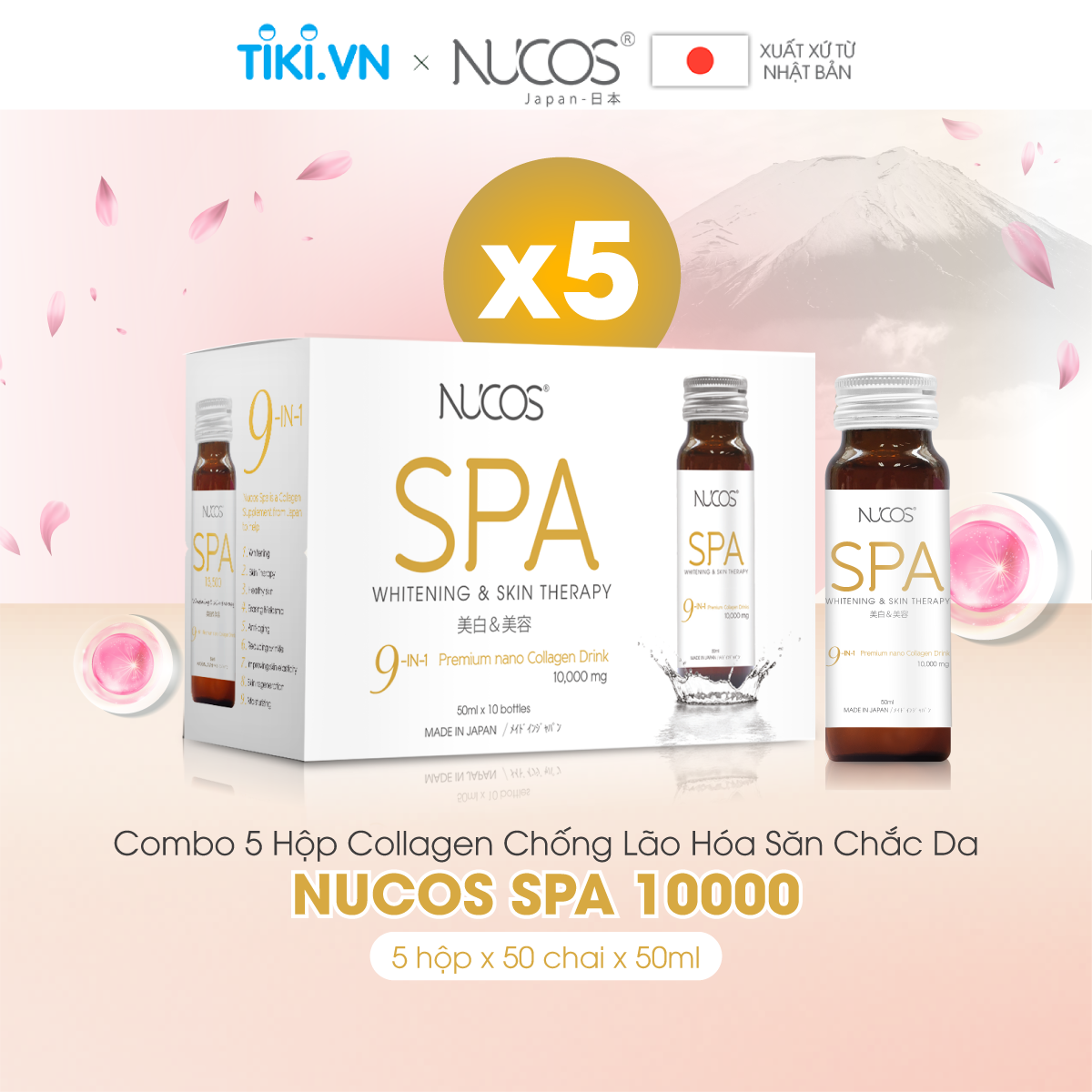 Combo 5 hộp Collagen uống thủy phân hỗ trợ căng bóng da Nucos Spa 10000​ 10 chai x 50ml