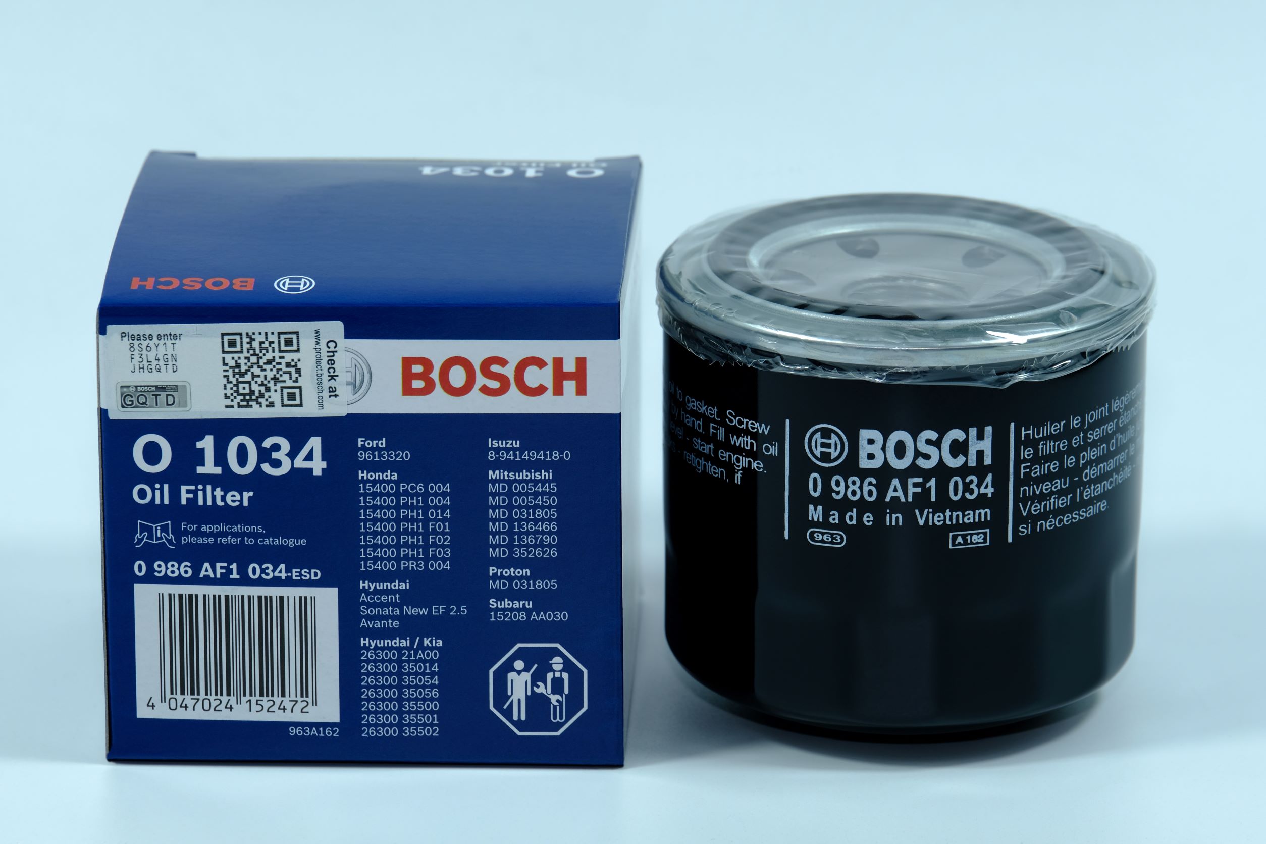 Lọc nhớt Bosch O1034 dành cho xe Cerato/Forte 1.6 2.0 / 08-15; Elantra / Avante, i30, Sonata, Accent, Verna,...; KIA Forte / Cerato, Rio, Soul, CRV (19-); MITSUBISHI Triton