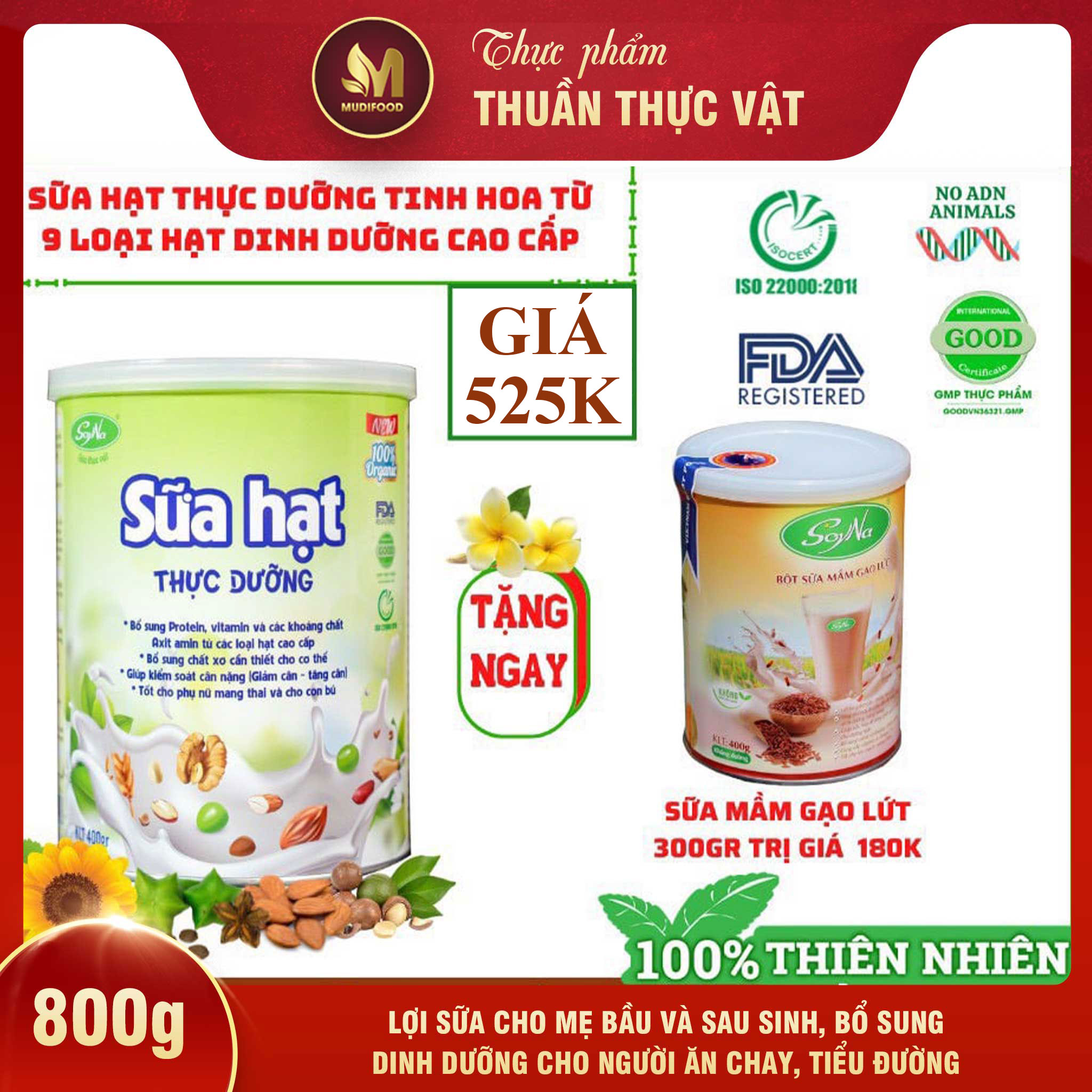 Sữa Hạt Thực Dưỡng Soyna 800g, Thuần Thực Vật 9 Loại Hạt Cao Cấp - Lợi Sữa Cho Mẹ Bầu Và Sau Sinh, Bổ Sung Dinh Dưỡng Cho Người Ăn Chay, Tiểu Đường, Tim Mạch, Mỡ Máu, Xương Khớp, Hỗ Trợ Kiểm Soát Tăng Hoặc Giảm Cân Nặng - Tặng Bột Sữa Mầm Gạo Lứt 300g