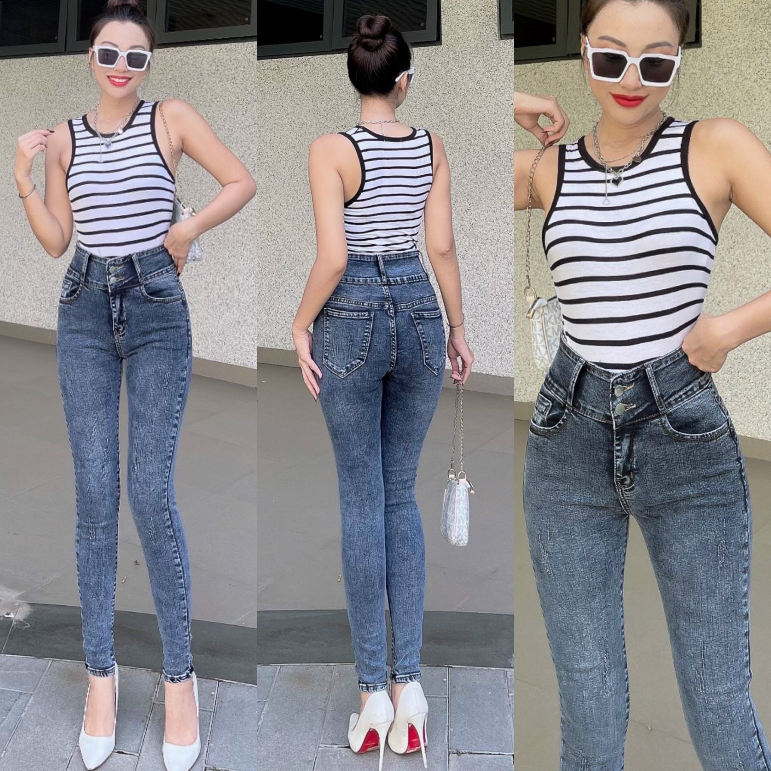 Quần jean nữ lưng cao co giãn có túi, quần bò cạp cao skinny jeans bigsize trơn dài basic