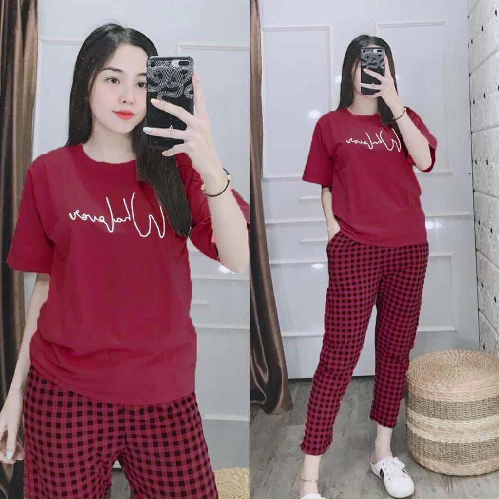 Bộ đồ nữ mặc nhà đi chơi nguyên set áo và quần thun cotton Thái co dãn thoải mái What CLL