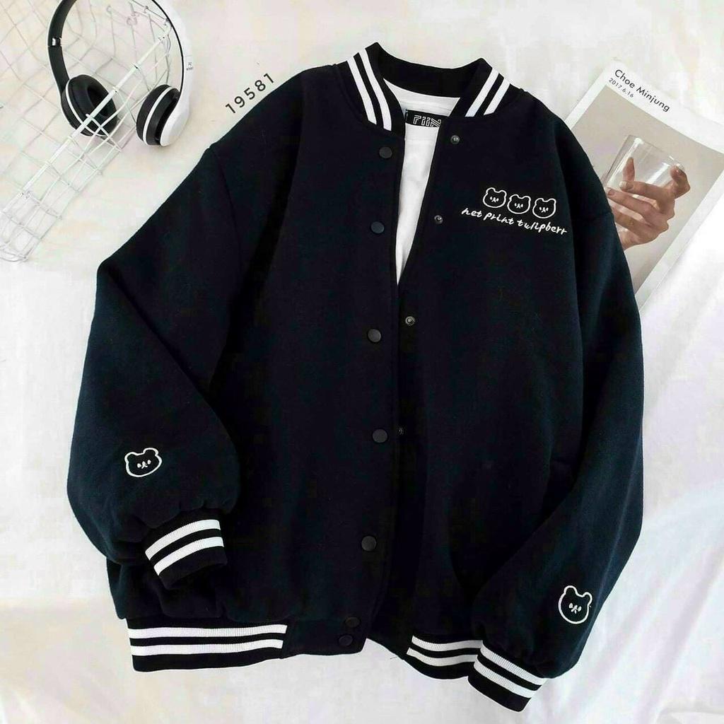 ( VIDEO ) Áo Khoác Cardigan Nỉ Thêu 3 Mặt Con Gấu Siêu Cute - Bomer Jacket Thu Đông - From Rộng Unisex Nam Nữ Couple