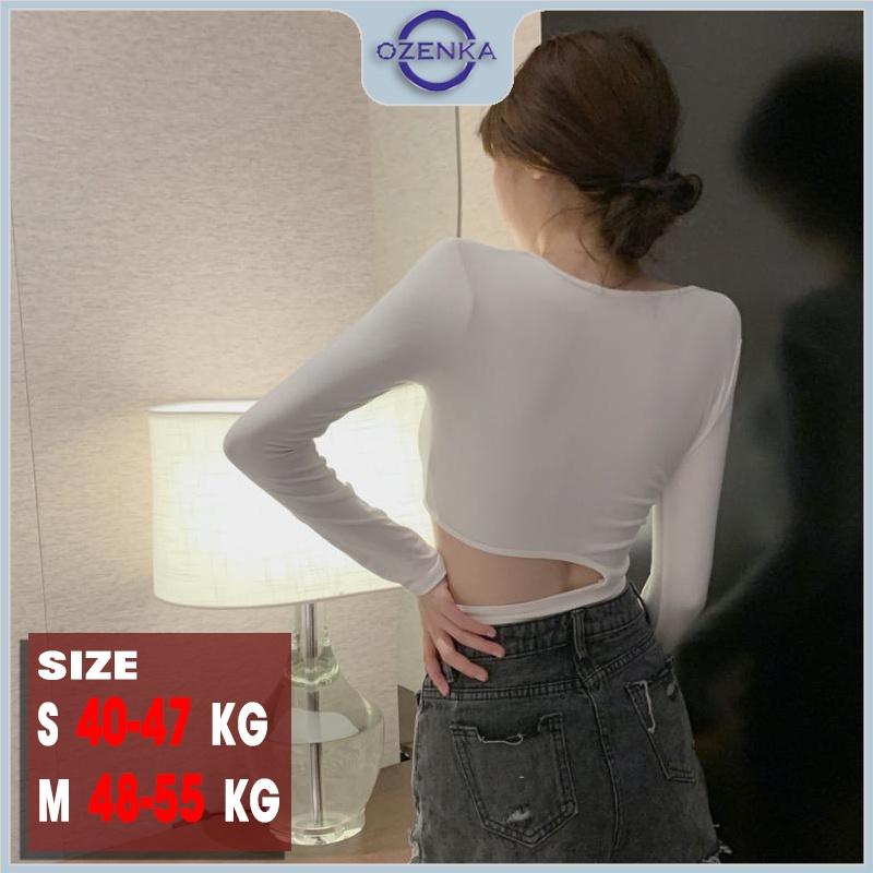 Áo croptop nữ tay dài hở eo gợi cảm OZENKA , áo crt kiểu cổ vuông ôm body buộc nơ sang chảnh đen trắng dưới 55 kg