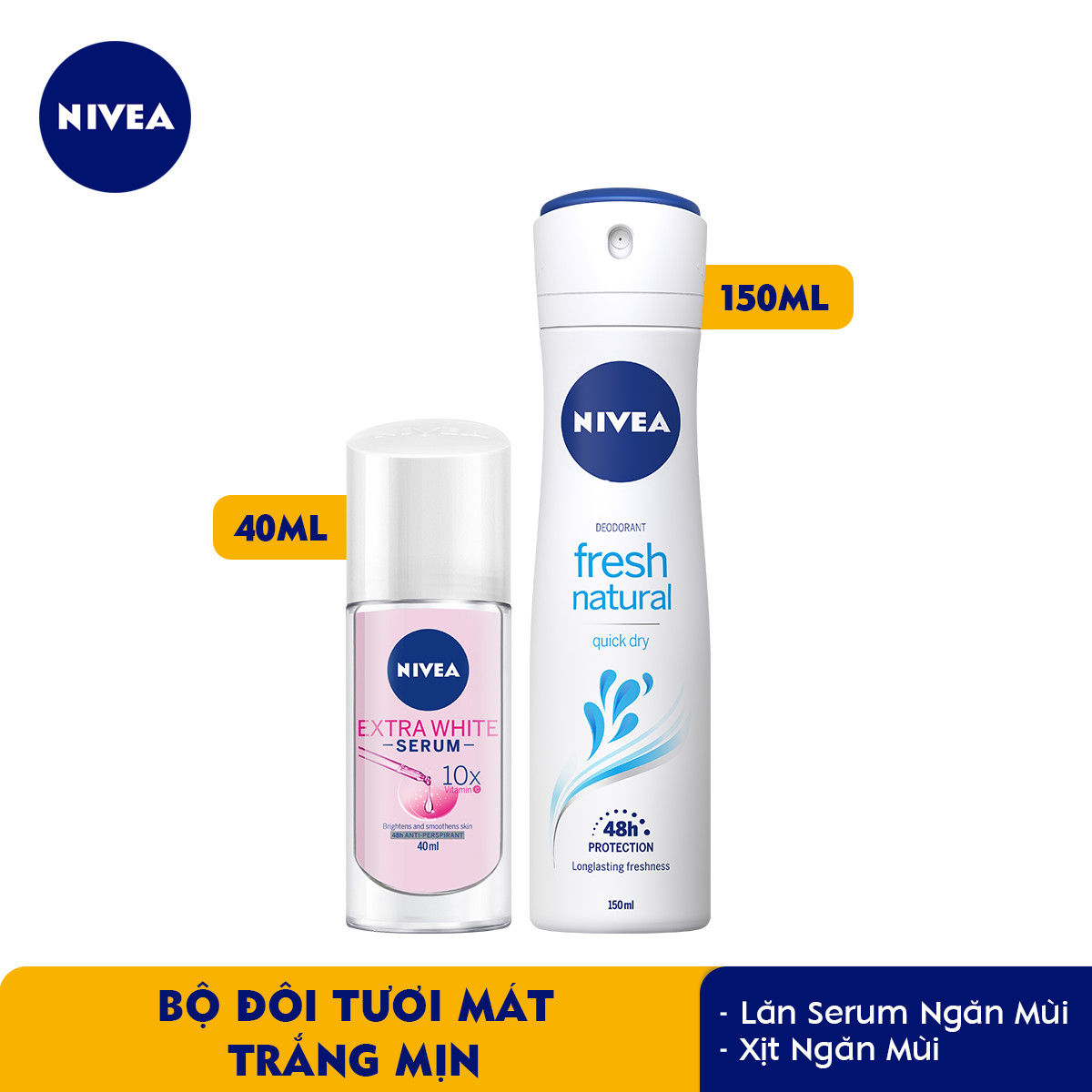 Bộ đôi Lăn Ngăn Mùi NIVEA Serum Trắng Mịn (40ml) - 80023 &amp; Xịt Ngăn Mùi NIVEA Fresh Nature Tươi Mát Tự Nhiên (150ml) - 81601