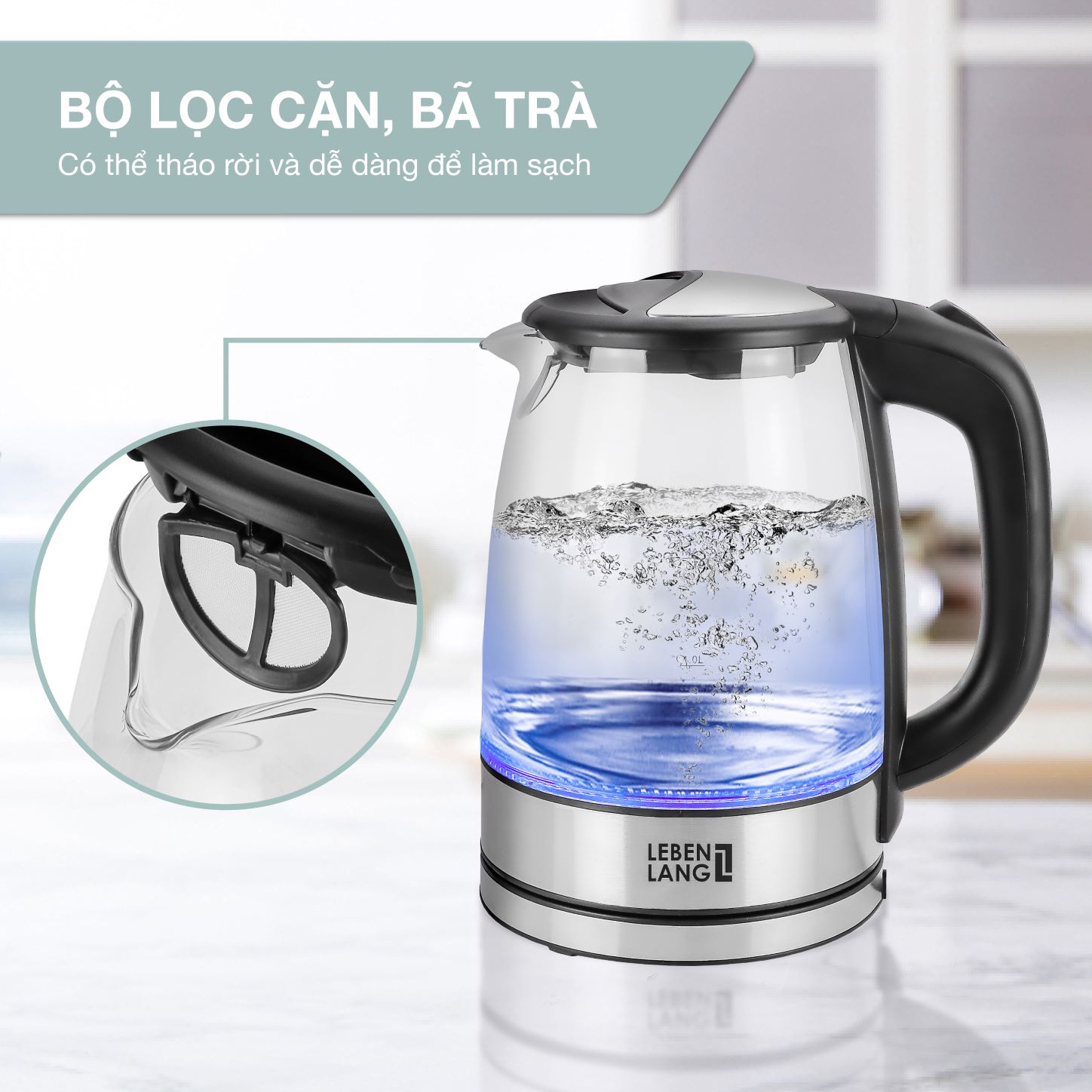 Ấm siêu tốc LEBENLANG LBL2879 bằng thủy tinh chịu nhiệt, dung tích 1700ml, công suất 2200W, bảo hành 2 năm - hàng chính hãng