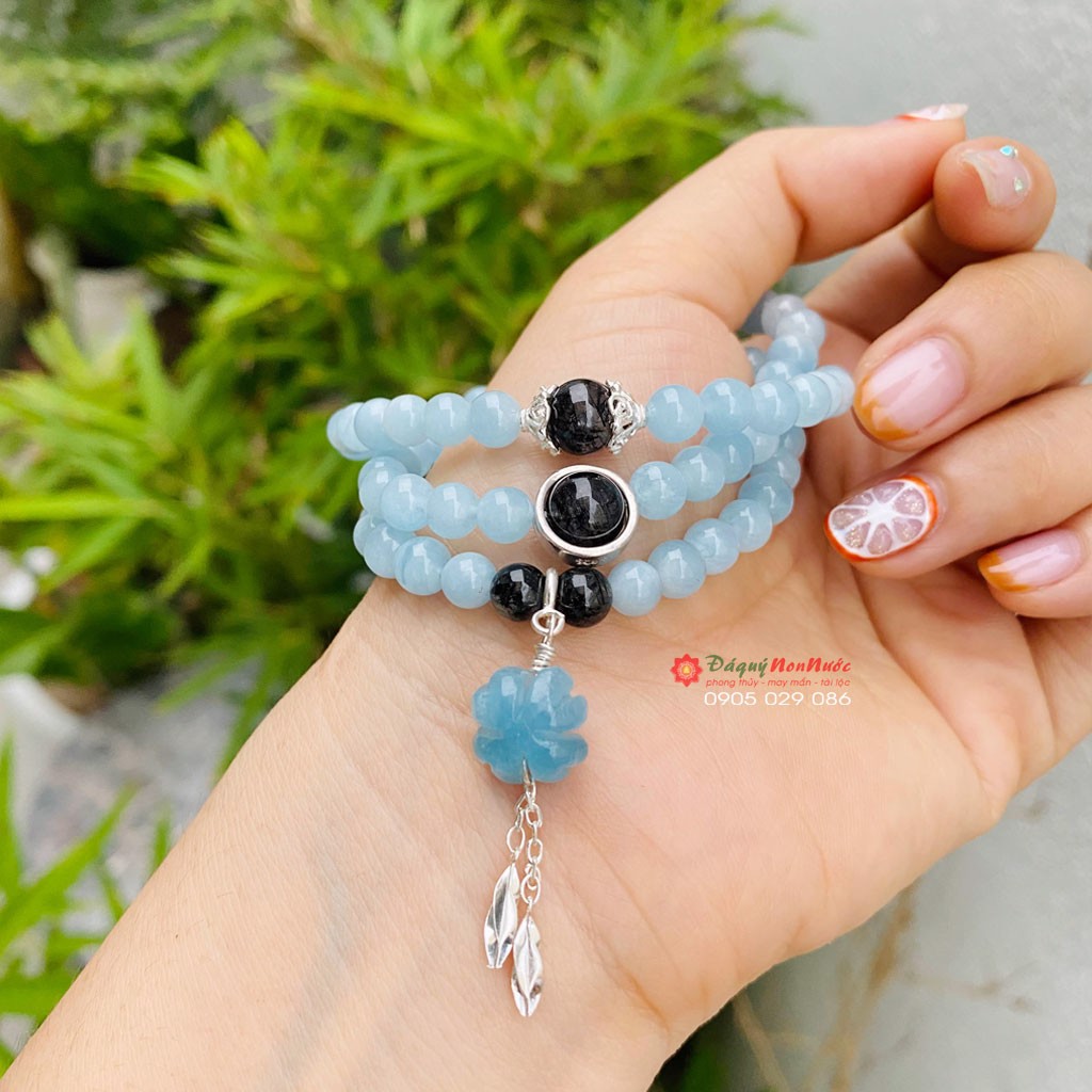 Chuỗi vòng thạch anh Aquamarine 6ly mix thạch anh tóc đen dành cho Nữ -  đá Non Nước