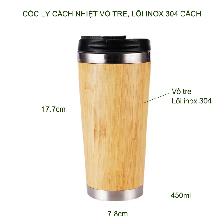 Cốc uống trà, cà phê vỏ tre 450ml, lõi inox 304, nắp bật