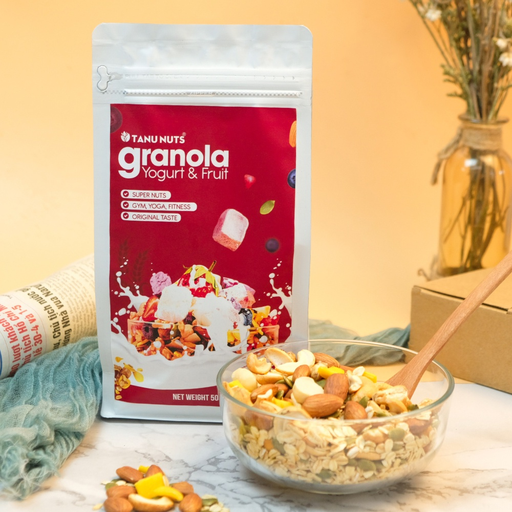 Granola sữa chua TANU NUTS túi 500g, granola siêu hạt mix hạt ngũ cốc dinh dưỡng tôt cho bà bầu.