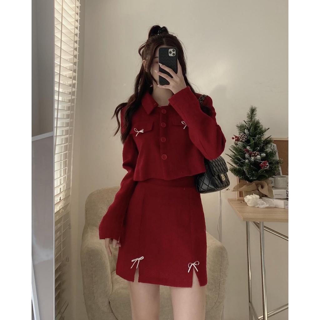 Set dạ tweed đỏ xẻ nơ tặng kèm mũ nồi