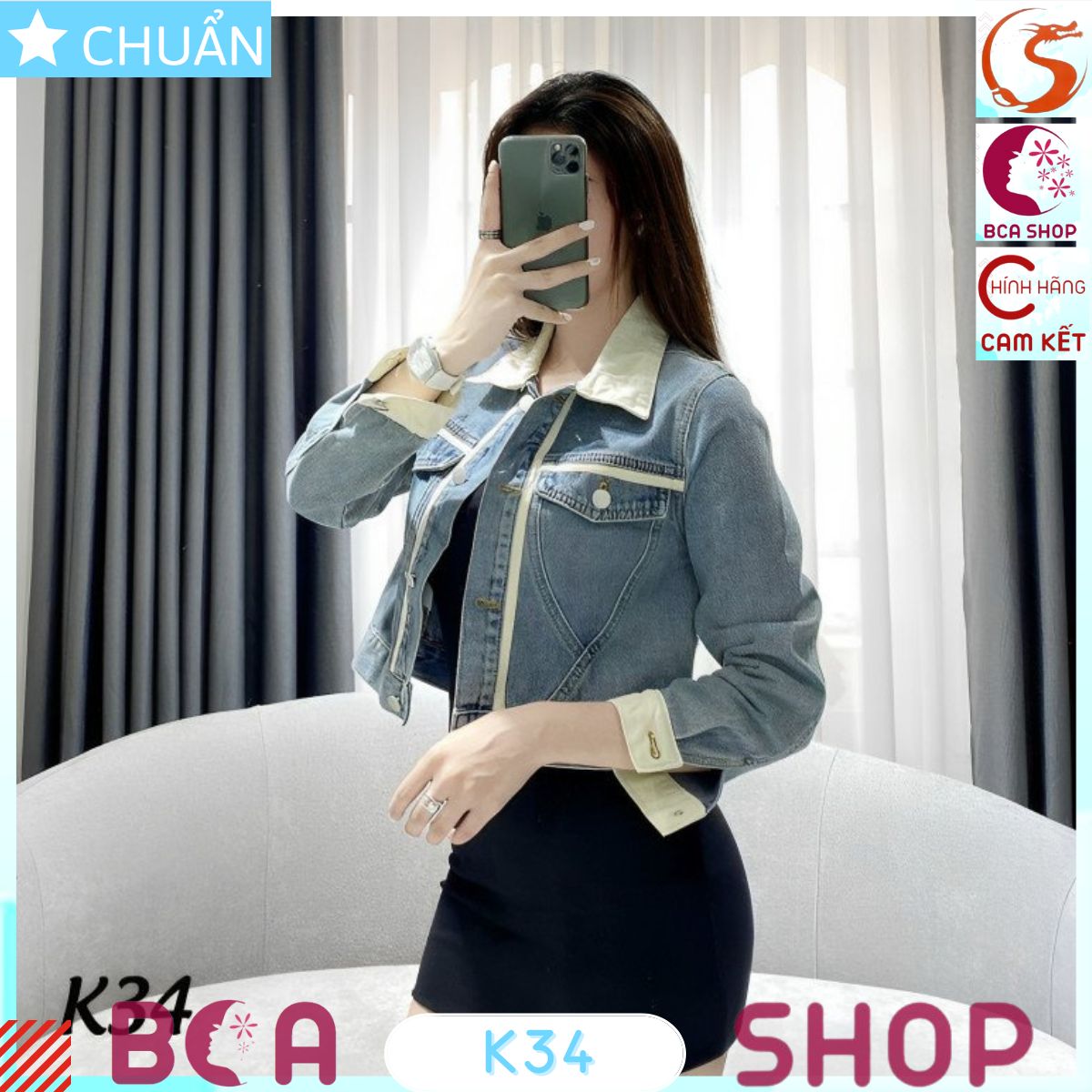 Áo khoác Jeans nữ lửng K34 phối màu xanh và kem tạo sự thanh lịch, nhã nhặn nhưng không kém phần cá tính và năng động