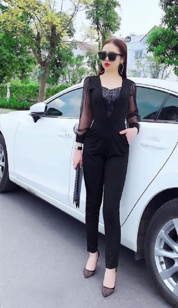 AV6225 - Jumpsuit - Đồ bay dài đính kim sa trước ngực tay dài phối lưới