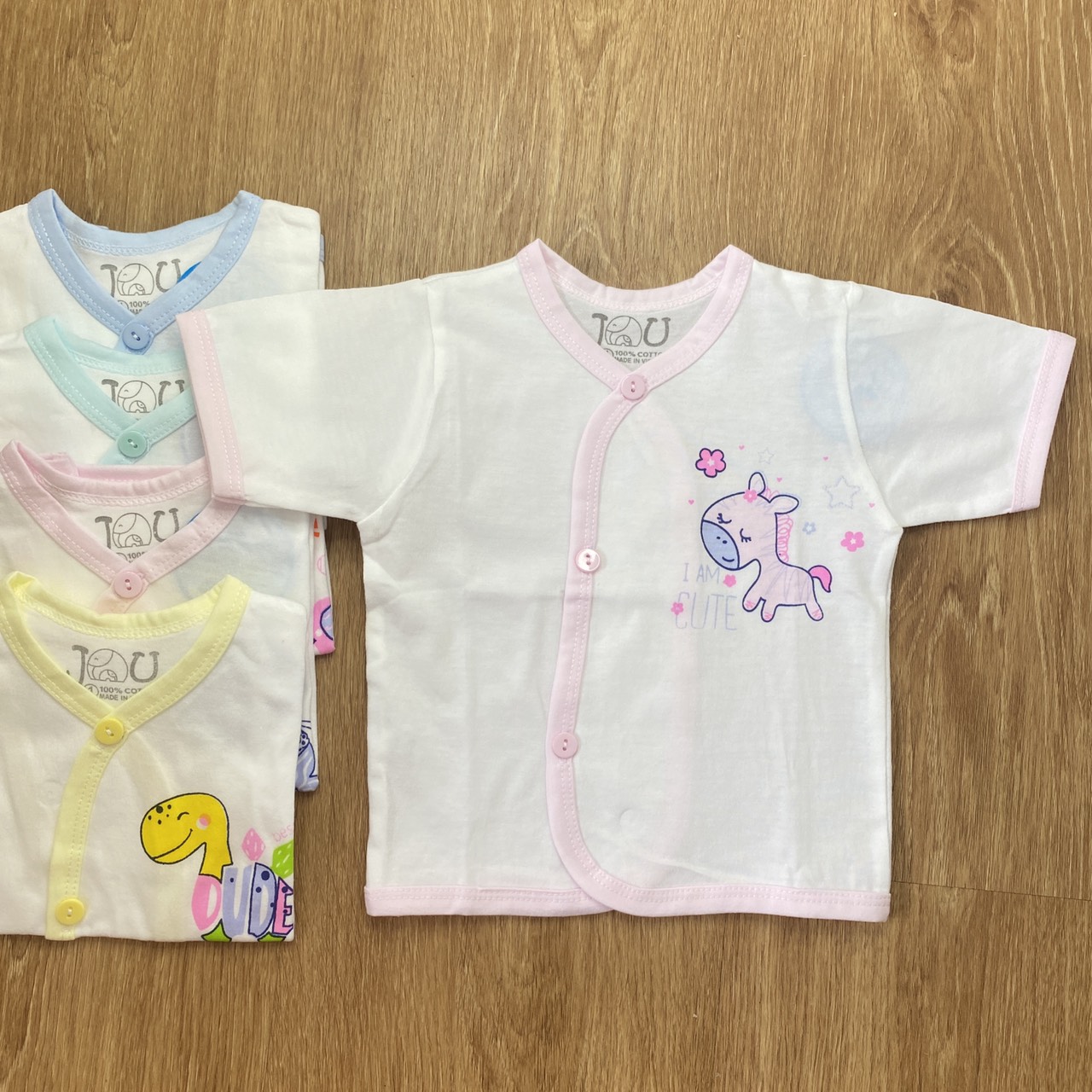 COMBO 5 Áo sơ sinh cotton J-FR GGY | Mẫu Tay Ngắn Cài Xéo Trắng | Size 1 - 4 cho bé sơ sinh - 11kg| Chất vải thun cotton 100% xịn, đẹp, mềm, họa tiết xinh | Hàng Việt Nam | Quần sơ sinh | Áo sơ sinh | Quần áo sơ sinh