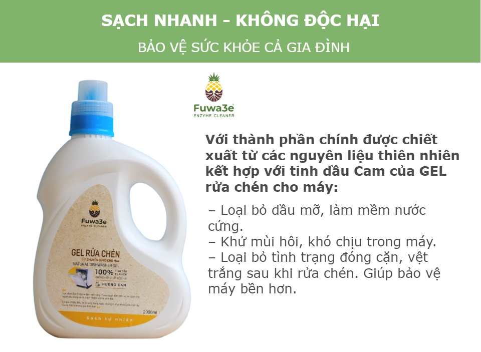 Gel rửa chén cho máy rửa chén bát Fuwa3e hữu cơ sinh học an toàn, hiệu quả (2L)