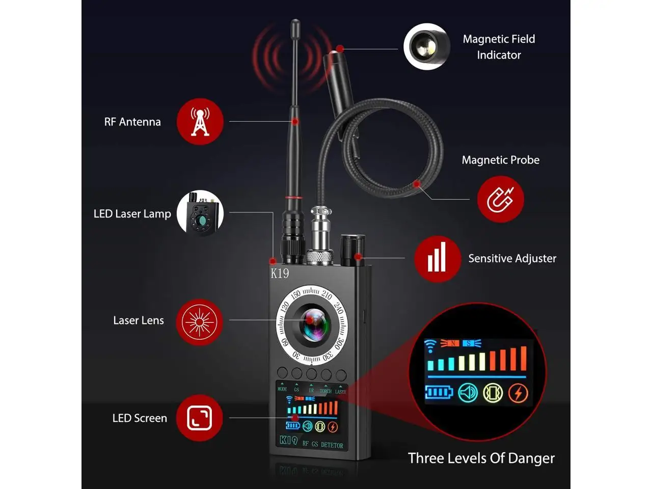 ROGTZ - Máy Dò K19 chuyên phát hiện Camera siêu nhỏ, máy ghi âm siêu nhỏ, thiết bị định vị G.P.S - K19 Upgrade RF Signal Hidden Camera Detector Anti Spy Candid Pinhole Micro Cam Scan Magnetic GPS Locator GSM Secret Bug Finder. - Hàng Chính Hãng