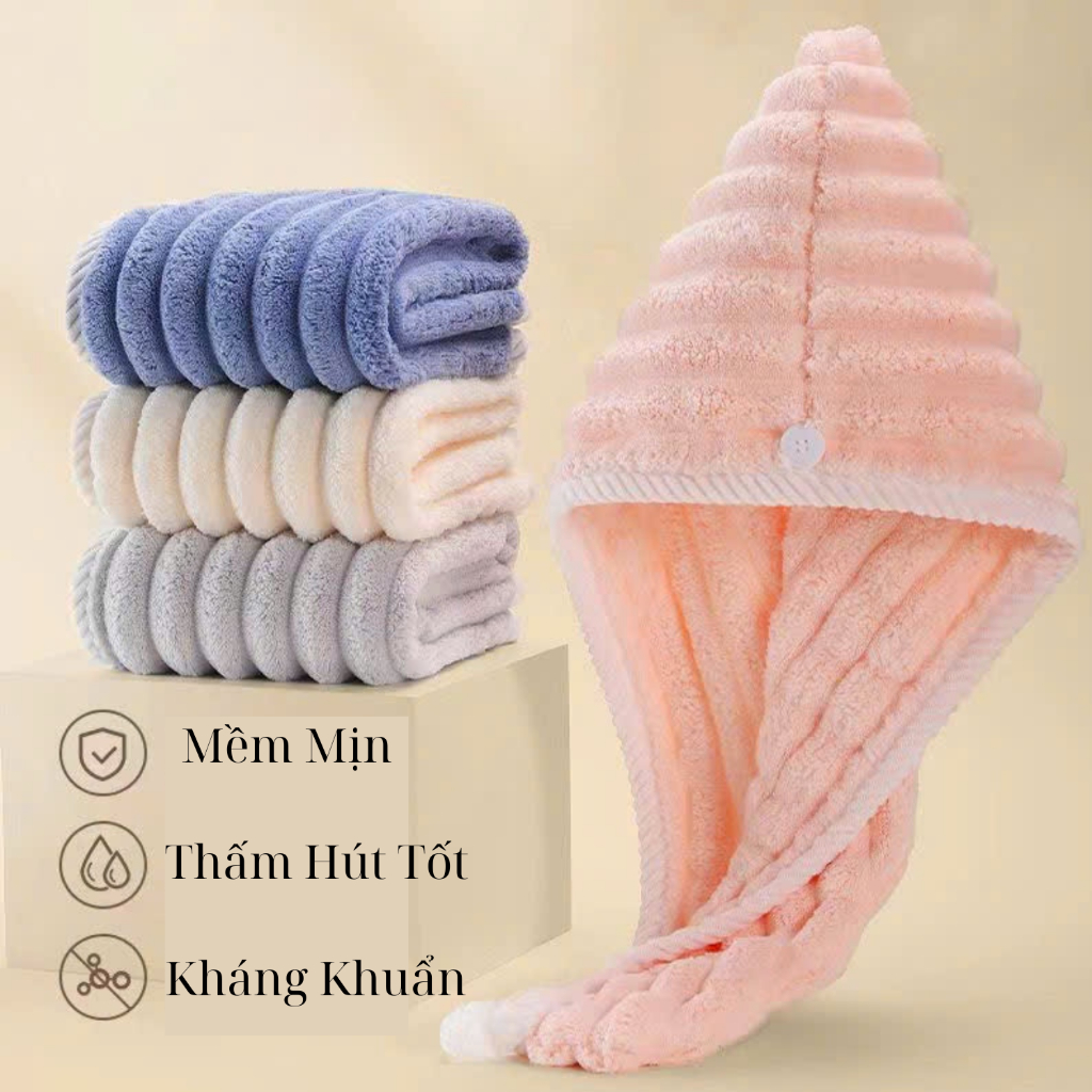 Khăn Quấn Khô Tóc Dệt Sóng Siêu Thấm Hút, Khăn Bông Ủ Quấn Tóc Nhanh Khô Hàng Nội Địa Trung