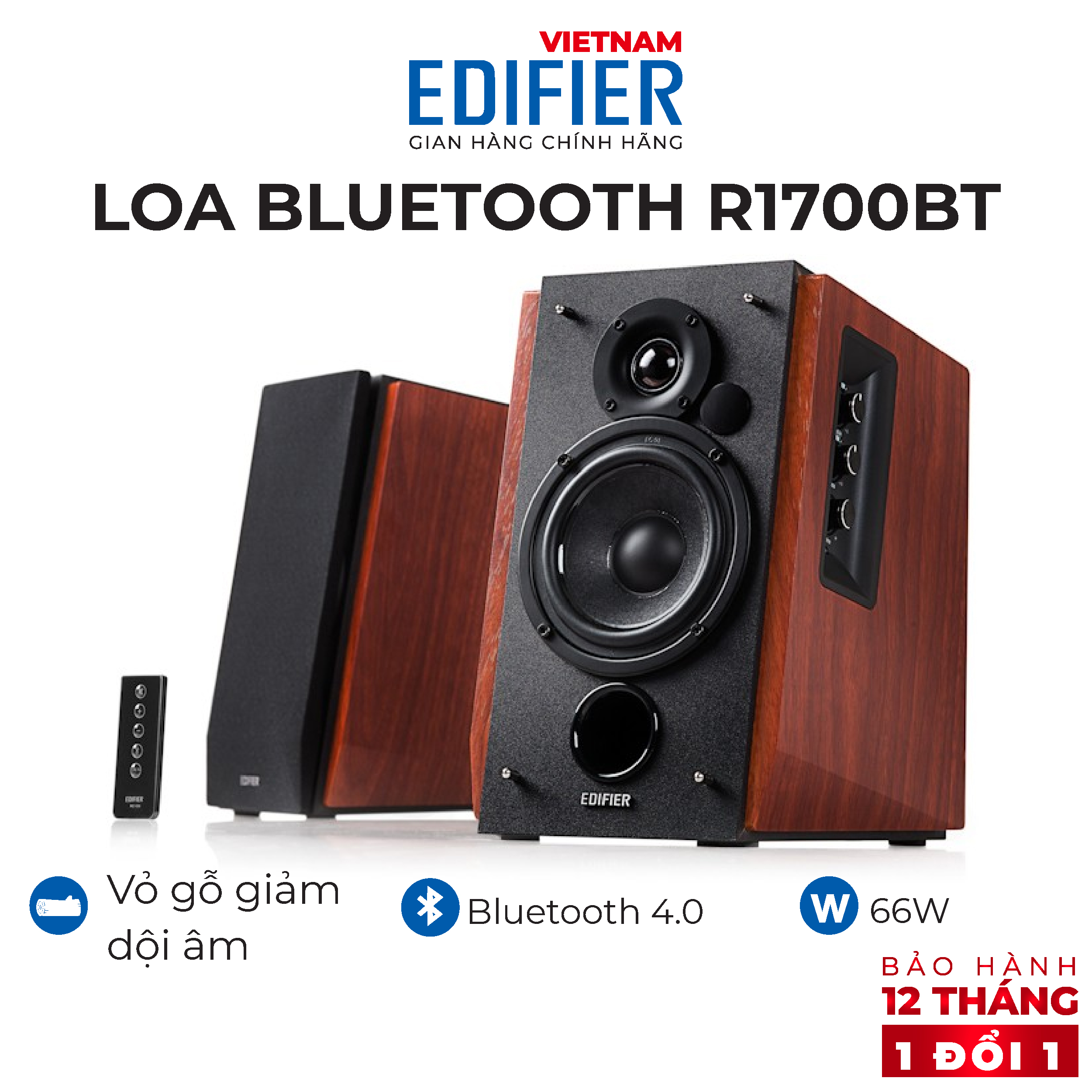 Bộ loa không dây Bluetooth EDIFIER 2.0 R1700BT -  Hỗ trợ cổng cắm RCA - Có remote điều khiển - Vỏ gỗ chống dội âm - Hàng chính hãng