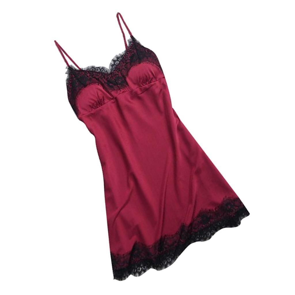 2x Ladies V-Neck Pajama Sleeveless Black Lace Trim Lingerie Sleepwear Dress